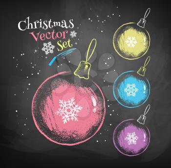 Collection of vector color chalk drawn sketches of Christmas balls.