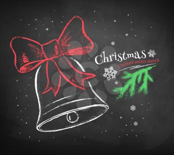 Red and white chalk vector sketch of Christmas Bell on black chalkboard background. 