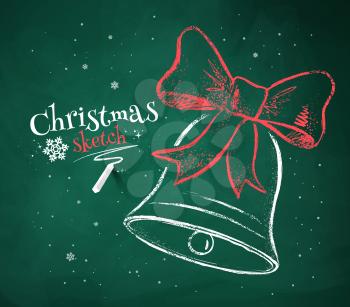 Red and white chalk vector sketch of Christmas Bell on green chalkboard background. 