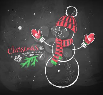 Color red and white chalk drawing of cute snowman wearing knitted hat, scarf and mittens on black chalkboard background.