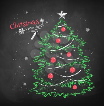 Color chalk vector sketch of Christmas tree decorated with balls, garlands and star on black chalkboard background. 