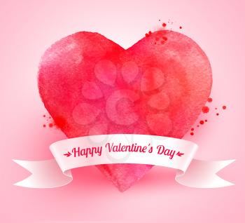 Watercolor Valentine heart with paint splashes and white paper ribbon banner on pink background.
