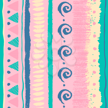 Seamless ethnic pattern with grunge hand drawn elements, triangles, spirals, dots and soft pastel colors.