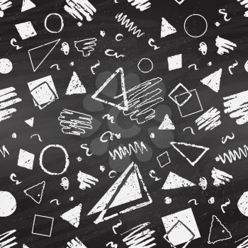 Geometric hand drawn grunge black and white chalked seamless pattern with triangles, squares and circles on black chalkboard background.