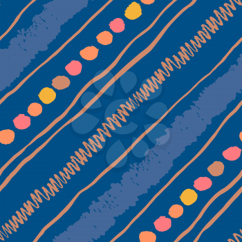 Vintage seamless blue diagonal pattern with grunge ornament with zigzag, stripes and dots.