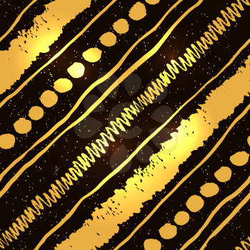 Gold and black seamless diagonal pattern with grunge ornament with zigzag, stripes and dots.