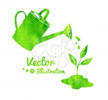 Gardening vector background with watering can and growing sprout.