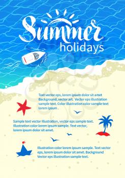 Summertime design with summer word lettering, boat, sea surf, water ripple and beach sand.