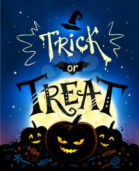 Trick or Treat Halloween poster with pumpkins, full moon and candies on blue background.