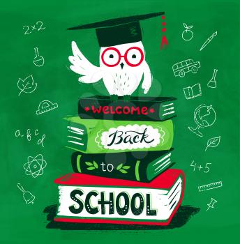 Vector illustration of owl wearing mortarboard sitting on books with Welcome Back to School lettering on green chalkboard background.