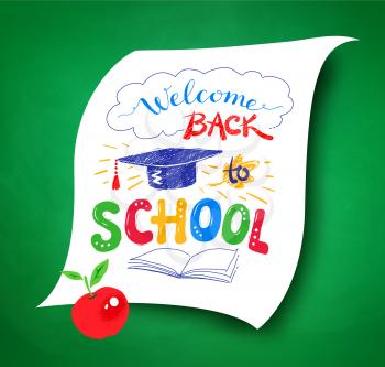 Welcome Back to School lettering with graduation hat, red apple and colorful letters on green chalkboard background.