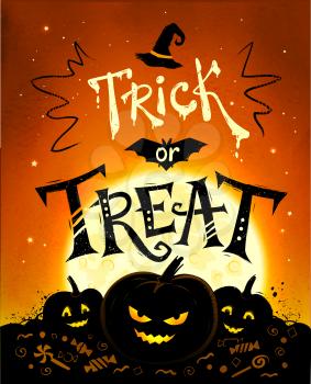 Trick or Treat Halloween poster with pumpkins, full moon and candies.