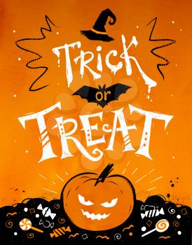 Trick or Treat Halloween poster with pumpkin and candies on orange background.