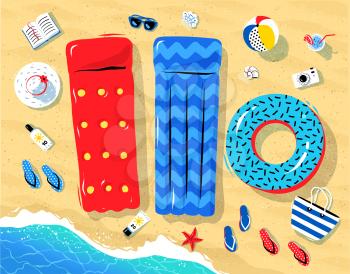 Top view illustration of seaside vacation objects lying on sand near sea surf.