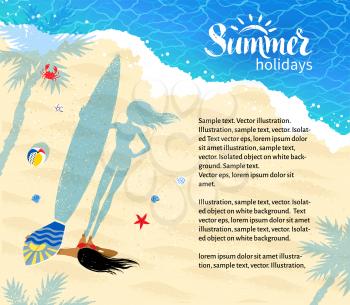 Top view design template with surfer girl standing near coastline with long shadow of palm trees and beach ball.