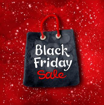 Vector illustration with Black Friday lettering and hand made plasticine shopping bag banner on red festive grunge background with sparkles.