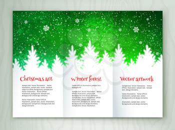 Christmas white and green leaflet design template with winter spruce forest landscape and falling snow.