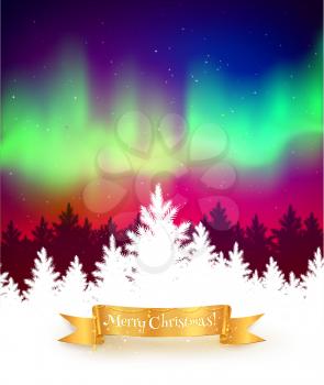 Winter landscape background with northern lights, white spruce forest silhouette and gold festive ribbon banner. 