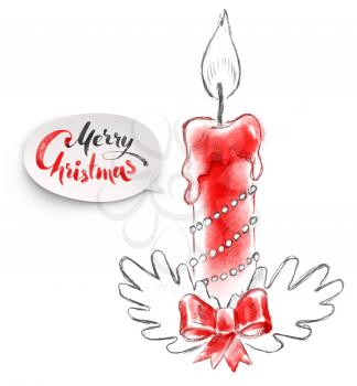 Hand drawn pencil and watercolor illustration of Christmas candle.
