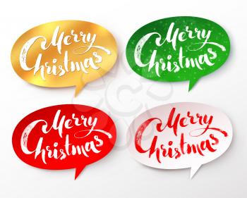 Vector collection of paper speech bubble banners with Merry Christmas hand written lettering.