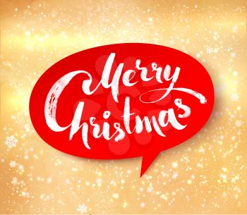 Vector illustration of red paper speech bubble banner with Merry Christmas hand written lettering on gold grunge background with light sparkles.