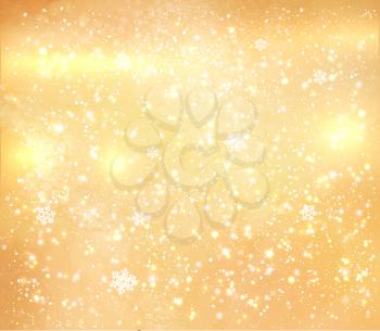 Gold shiny grunge background with falling snow and light sparkles.
