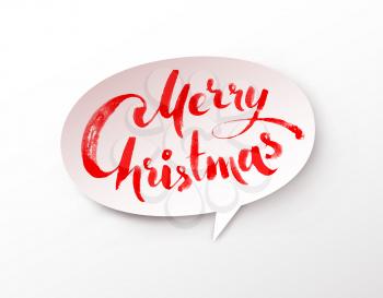 Vector illustration of white paper speech bubble banner with Merry Christmas hand written lettering.