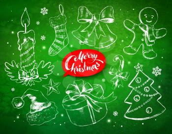 Christmas vintage line art vector set with festive objects and red lettering banner on green grunge background with sparkles.