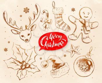 Christmas vintage line art vector set with festive objects and lettering banner on grunge old paper background.