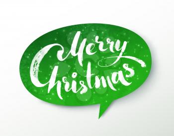 Vector illustration of green paper speech bubble banner with Merry Christmas hand written lettering.