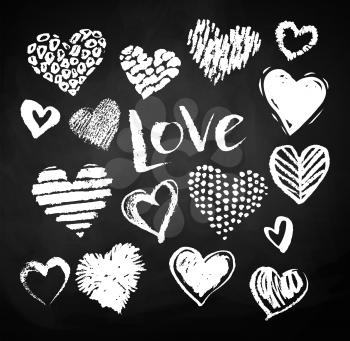 Vector white chalk drawn collection of grunge Valentine hearts on blackboard background with Love word lettering.
