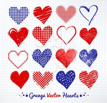 Vector collections of grunge Valentine hearts on school checkered paper background.