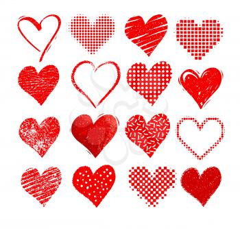 Vector collections of grunge Valentine hearts isolated on white.