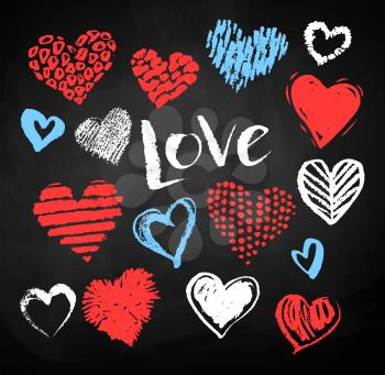 Vector color, red, blue and white chalk drawn collection of grunge Valentine hearts on blackboard background with Love word lettering.