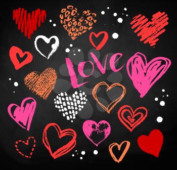 Vector color, red, orange and white chalk drawn collection of grunge Valentine hearts on blackboard background with Love word lettering.