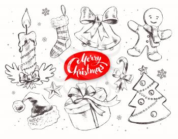 Christmas vintage line art vector set with festive objects and lettering banner.