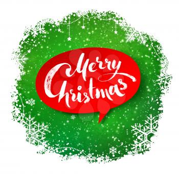 Merry Christmas hand written letters on red bubble banner on green winter snowflakes border background.