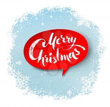 Merry Christmas hand written letters on red bubble banner and winter snowflakes border background.