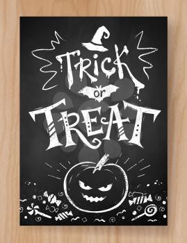Trick or Treat Halloween postcard chalked design with lettering, pumpkin and candies on wood background.