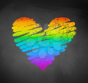 Vector chalked sketch of rainbow colored heart on blackboard background.