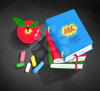 Top view vector illustration of red apple, pile of books and pieces of chalk with shadow on blackboard background.