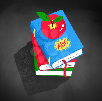Top view vector illustration of red apple on pile of books on black chalkboard background.