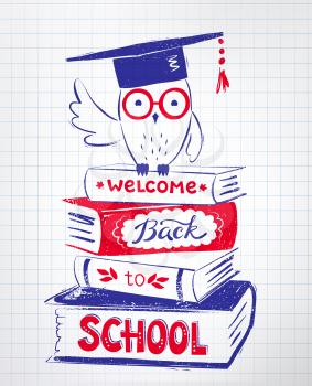 Vector illustration of owl sitting on books with Welcome Back to School lettering on checkered paper background.