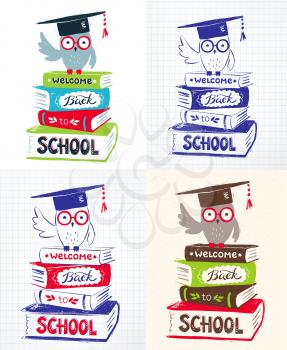 Vector collection of illustrations with owl wearing mortarboard sitting on books with Welcome Back to School lettering on white, vintage and checkered paper background.