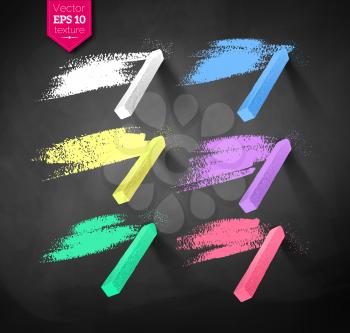 Vector collection of hand drawn strokes and pieces of colored chalks with shadow isolated on blackboard background.