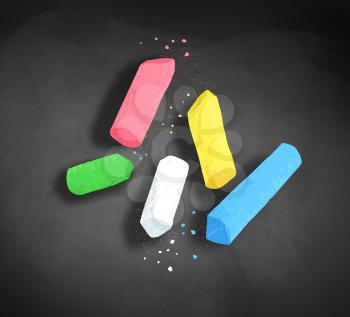 Vector illustration of pieces of chalk with shadow on blackboard background.