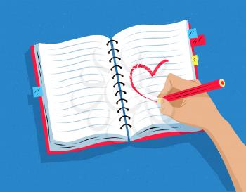 Top view vector illustration of hand drawing heart shape in notebook.