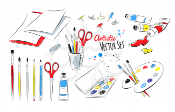 Vector set of artists supplies on white background.