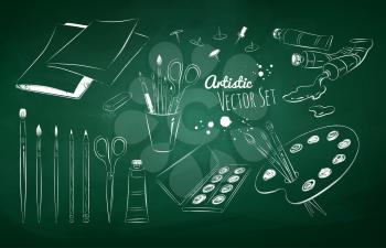 Chalked vector set of artists supplies drawn on green chalkboard background.