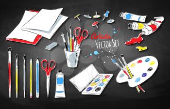 Vector set of artists supplies  stickers on black chalkboard background.